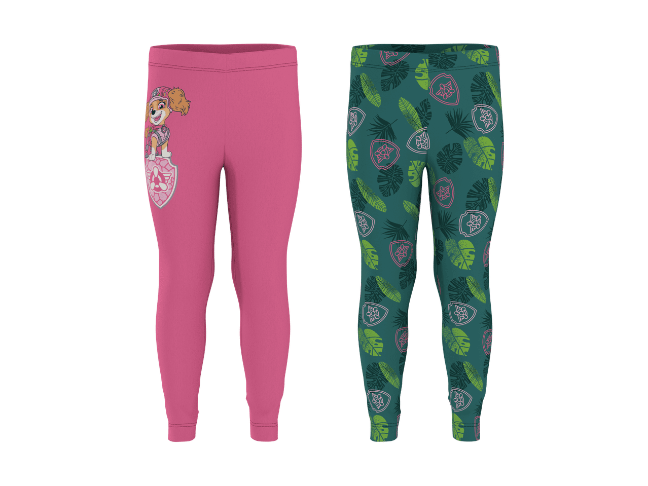To par leggings til børn: et par pink med en hund og et par grønne med blade og logoer.
