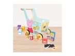 A wooden toy shopping trolley with groceries like milk, juice, jam, cake mix, pasta, and vegetables.
