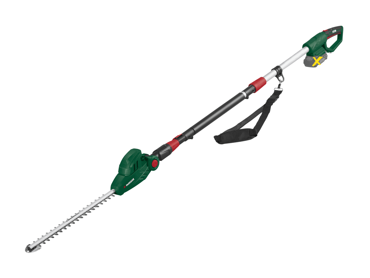 Akku-Teleskop-Heckenschere mit gezackter Klinge und Schultergurt