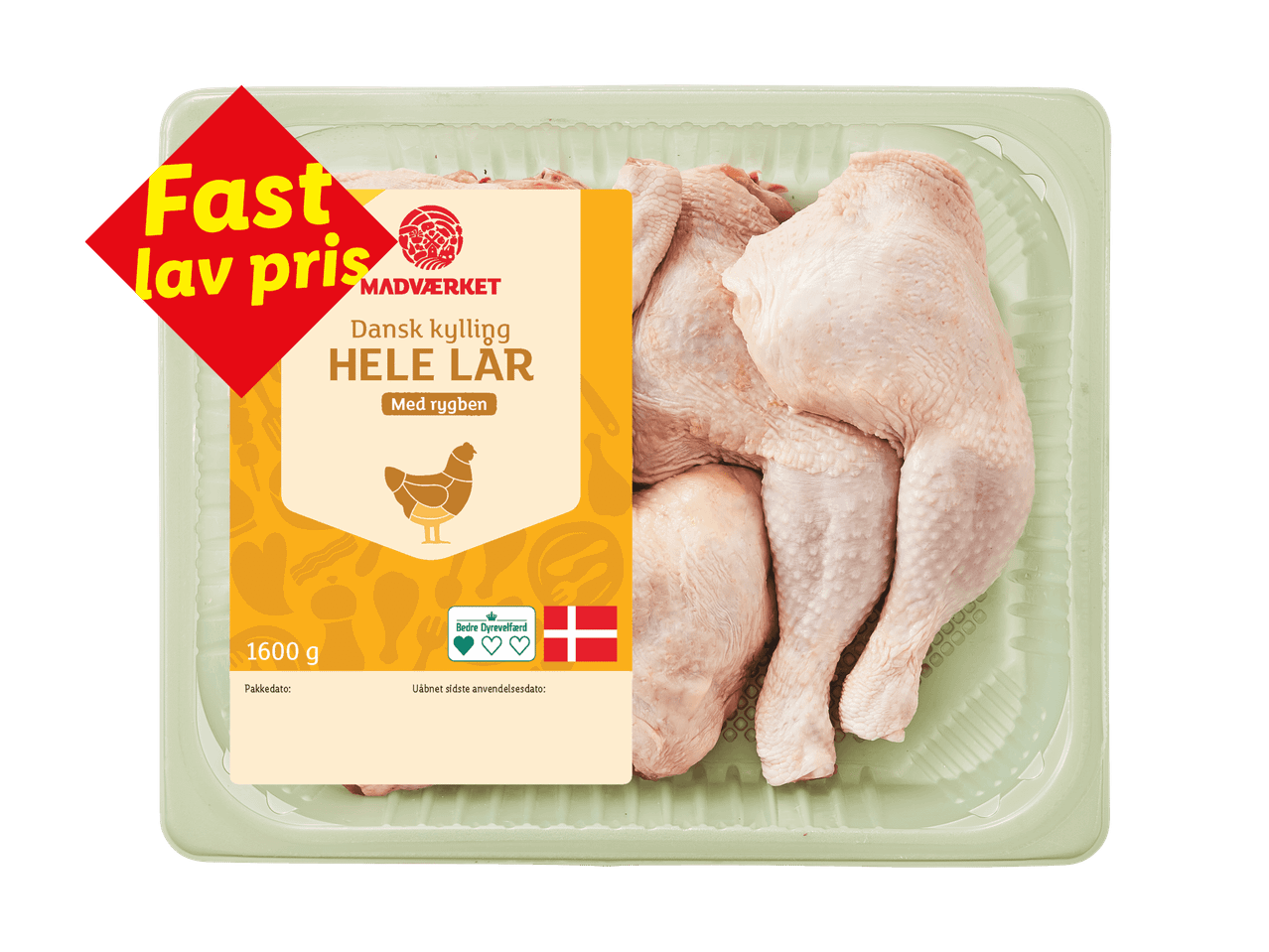 Rå kyllingelår med rygben i bakke, med et 'Fast lav pris'-mærkat og information om 1600g.