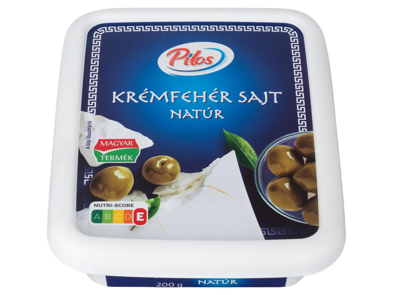 Krémfehér sajt natúr ízben, magyar termék, E nutri-score besorolással.
