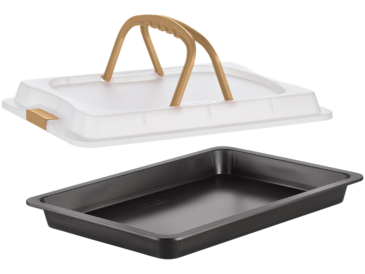 Zenker cake container with a clear lid and a dark baking pan.