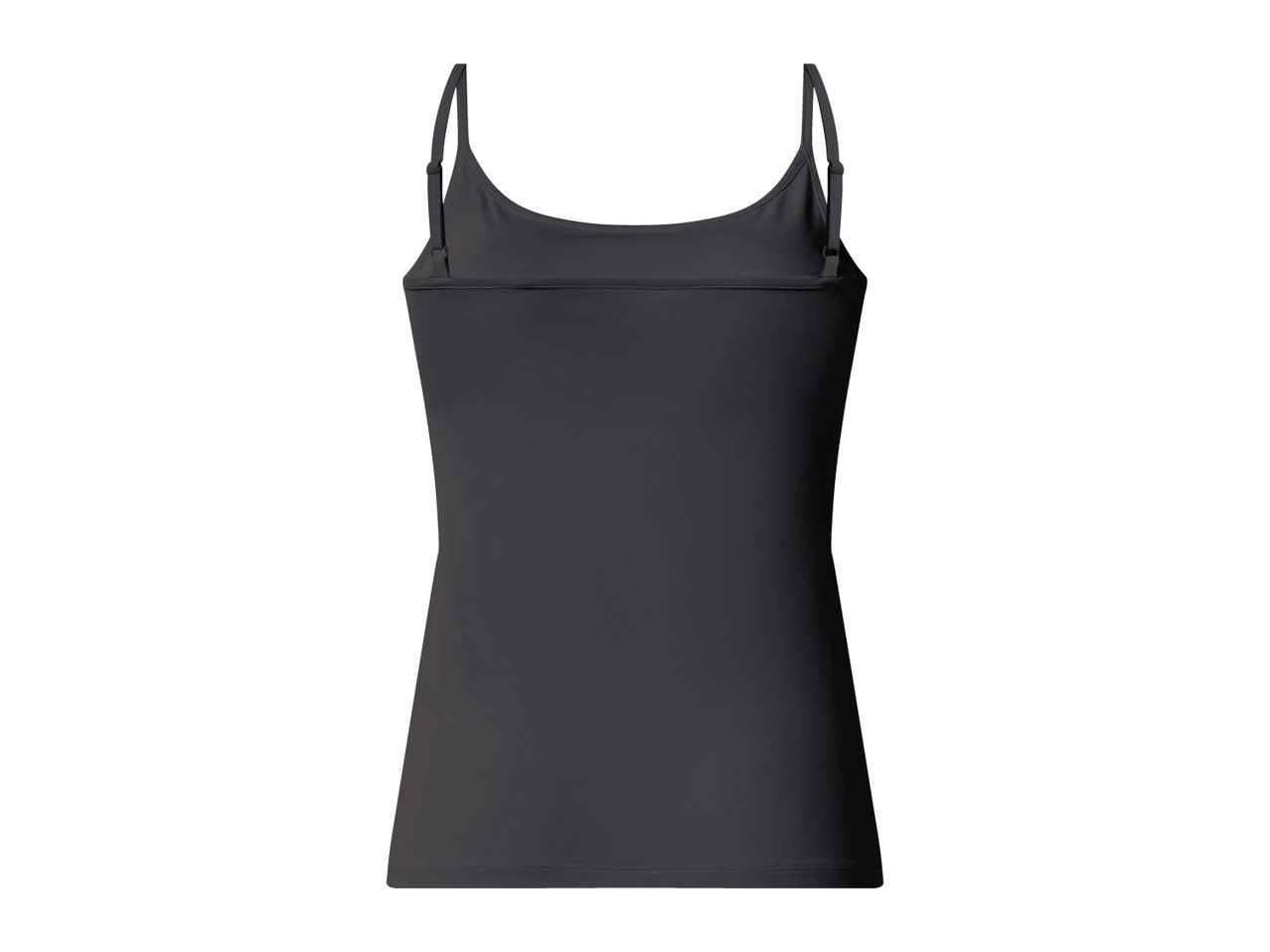 Black women's camisole with adjustable spaghetti straps, back view.