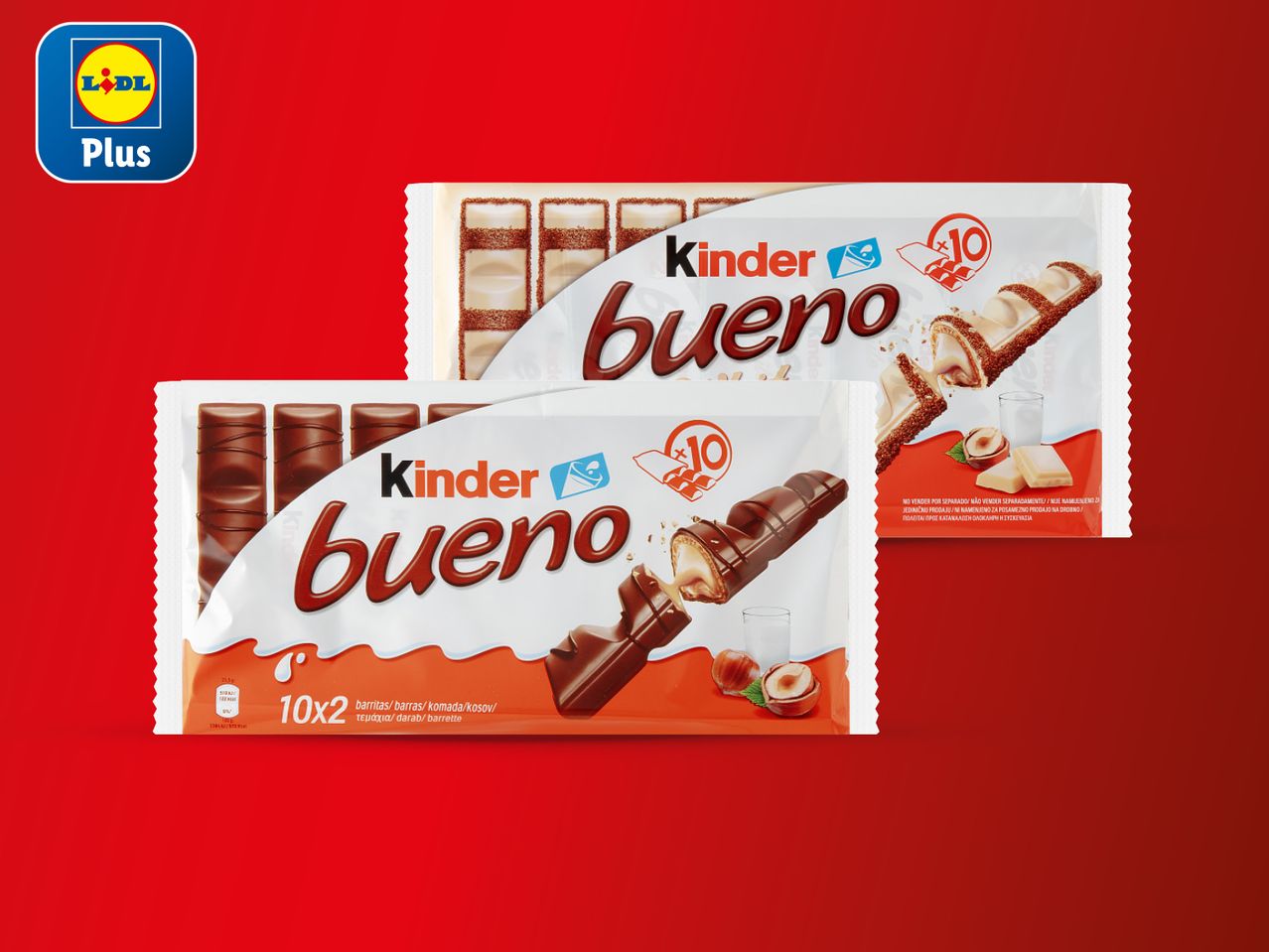 Dvije Kinder Bueno čokolade, jedna mliječna i jedna bijela, na crvenoj pozadini s Lidl Plus logom.
