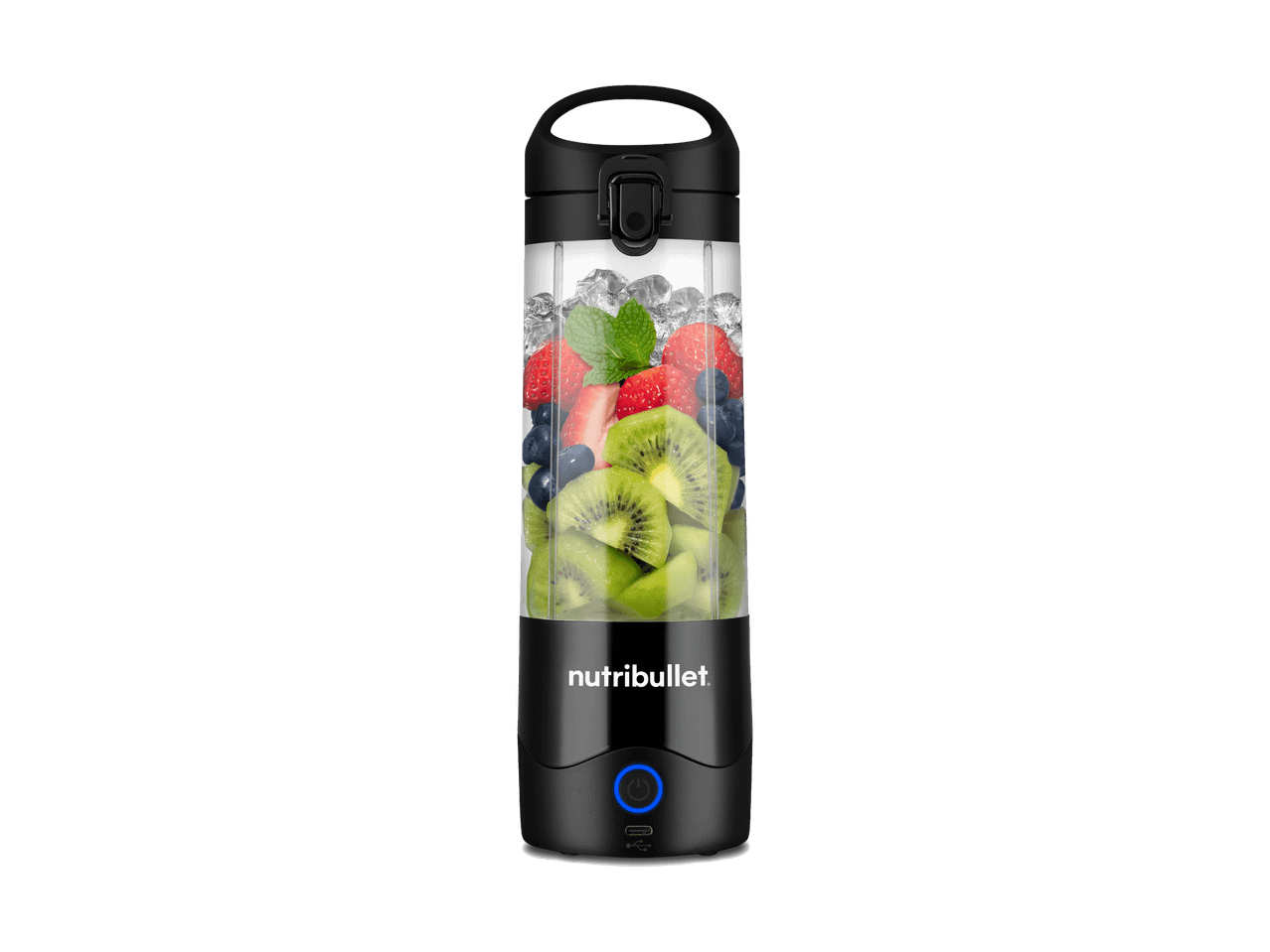 Frullatore portatile Nutribullet nero con frutta e ghiaccio.