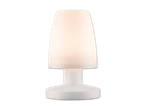 Eine weiße Tischlampe in Pilzform.