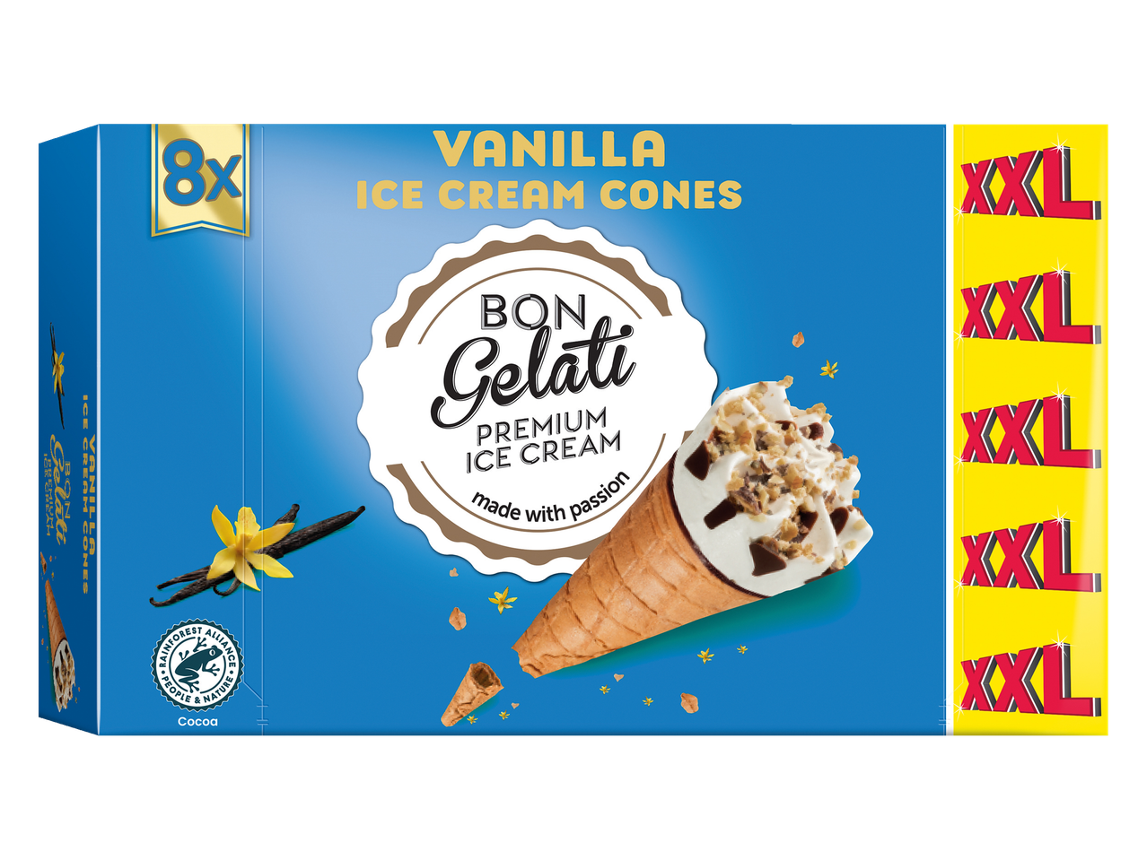 Bon Gelati XXL vanilės ledai ragai (8 vnt.).