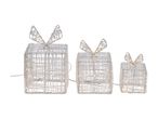 Three illuminated white gift boxes of varying sizes, with bows, for Christmas decoration.