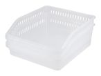 Two clear plastic storage baskets with ventilation holes, stacked together.