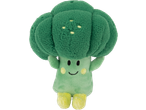 Peluche de brócolis verde com rosto sorridente e pés amarelos.