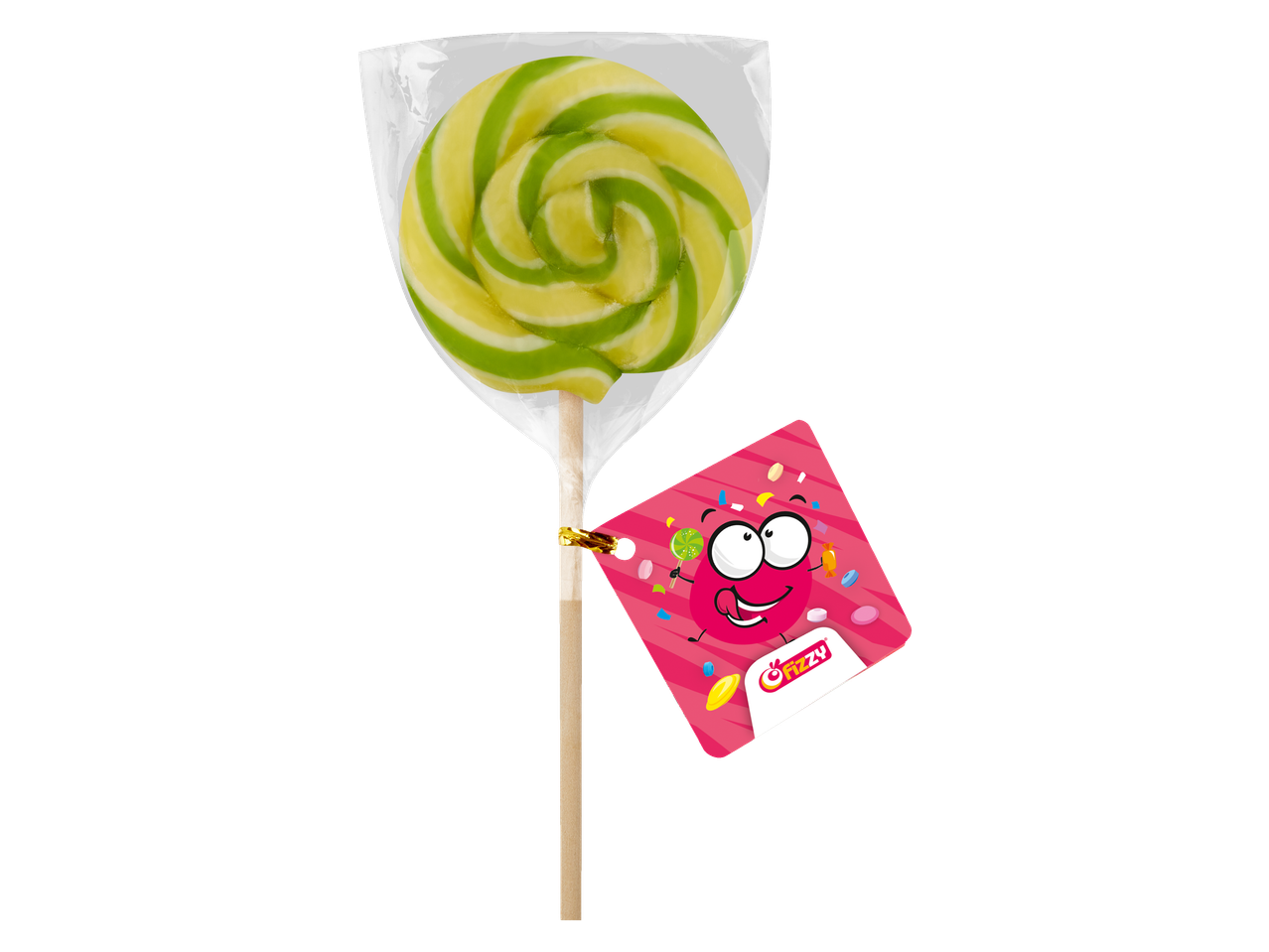 Groene en gele spiraalvormige lolly met een Fizzy merklabel, op een zwarte achtergrond.