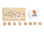 Wooden spelling game with letter blocks and picture cards for words like FROG, CAT, BIKE.
