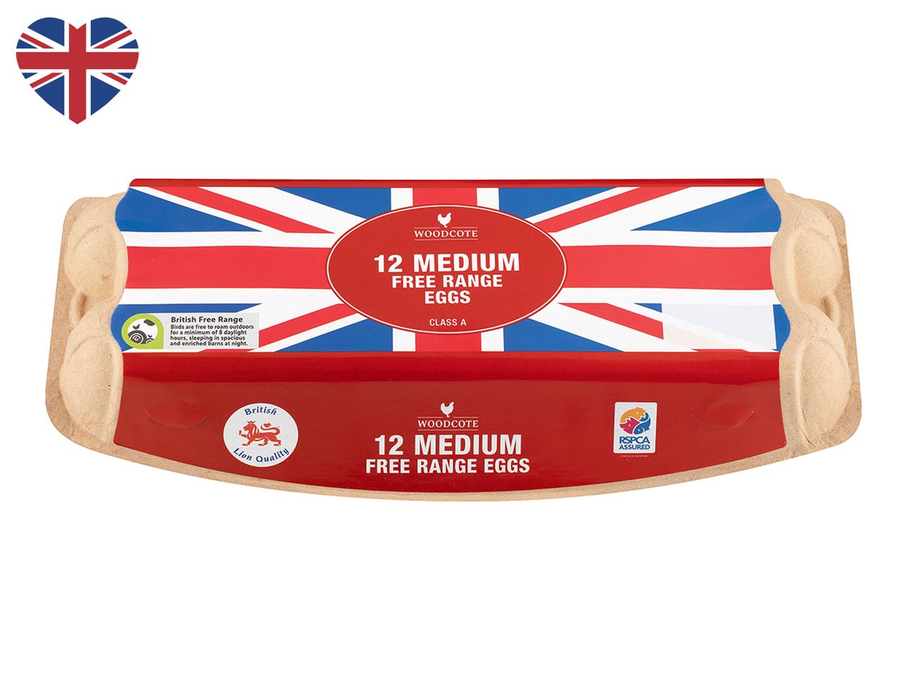 12 Woodcote medium free range eggs, RSPCA Assured.