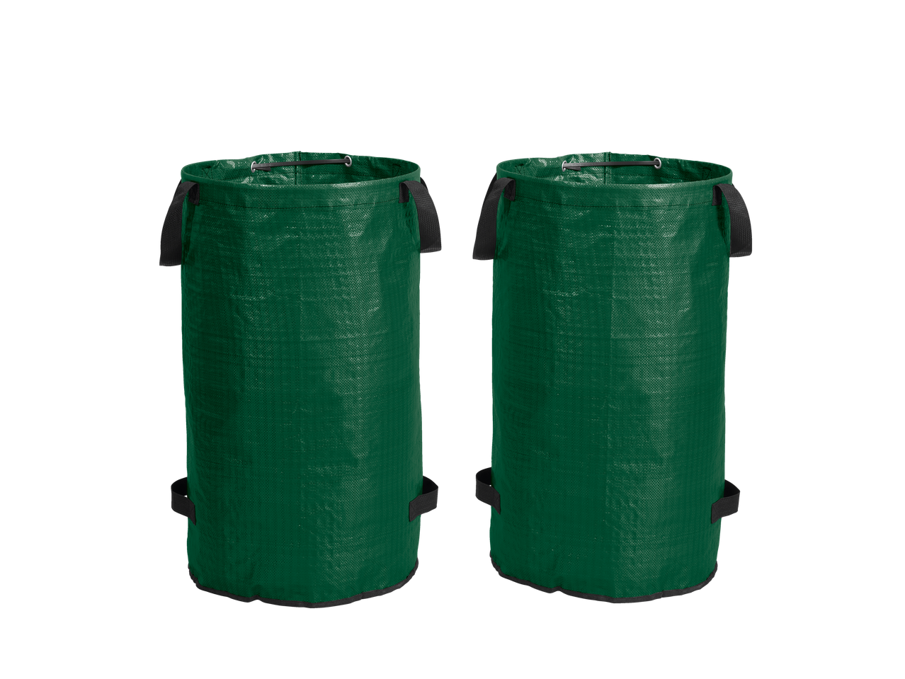 Kaks rohelist kangast taimekasvatuskotti mustal taustal