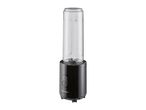 Black personal blender with a clear blending cup and a single button on the base