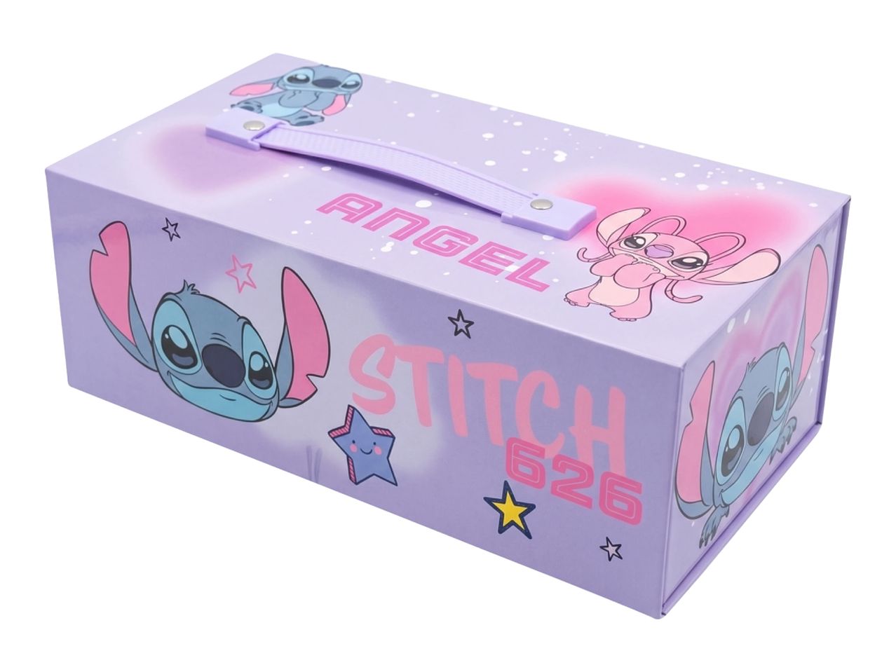 Purple storage box with Stitch and Angel characters, stars, and text 'ANGEL STITCH 626'.