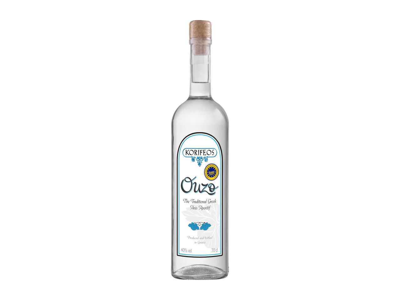 Korifeos Ouzo, a traditional Greek anis aperitif, 40% vol, 70 cl bottle.