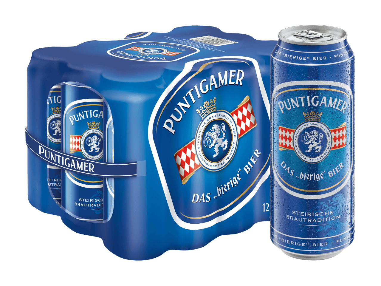 Püntigauer Bier: 4er-Pack Dosenbier neben Einzeldose.