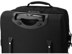 Close-up of the back of a black rolling backpack with a retractable handle and combination lock.