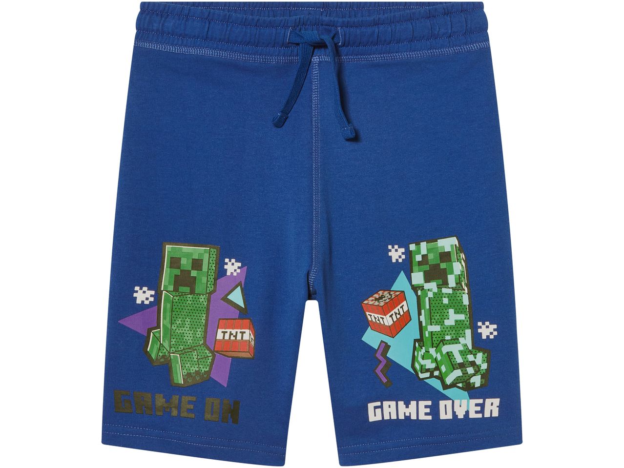 Minecraft-themed blue boys' shorts featuring Creeper characters.