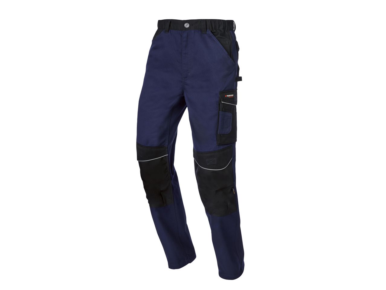 PARKSIDE PERFORMANCE® work trousers in navy blue with black reinforced knee pads and pockets.
