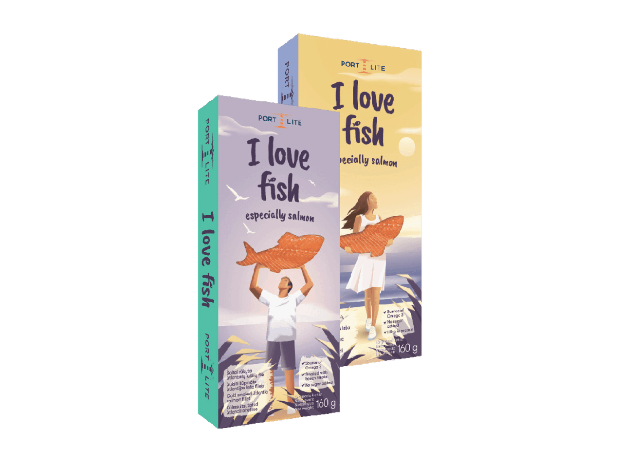 Dvi „Port Lite“ lašišos filė pakuotės su užrašu „I love fish“.