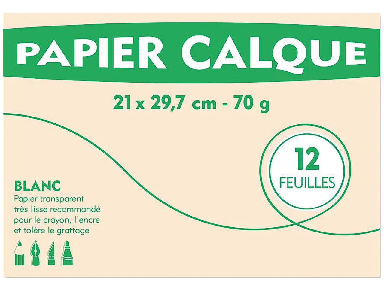 Paquet de papier calque blanc, 21 x 29,7 cm, 70 g, 12 feuilles.