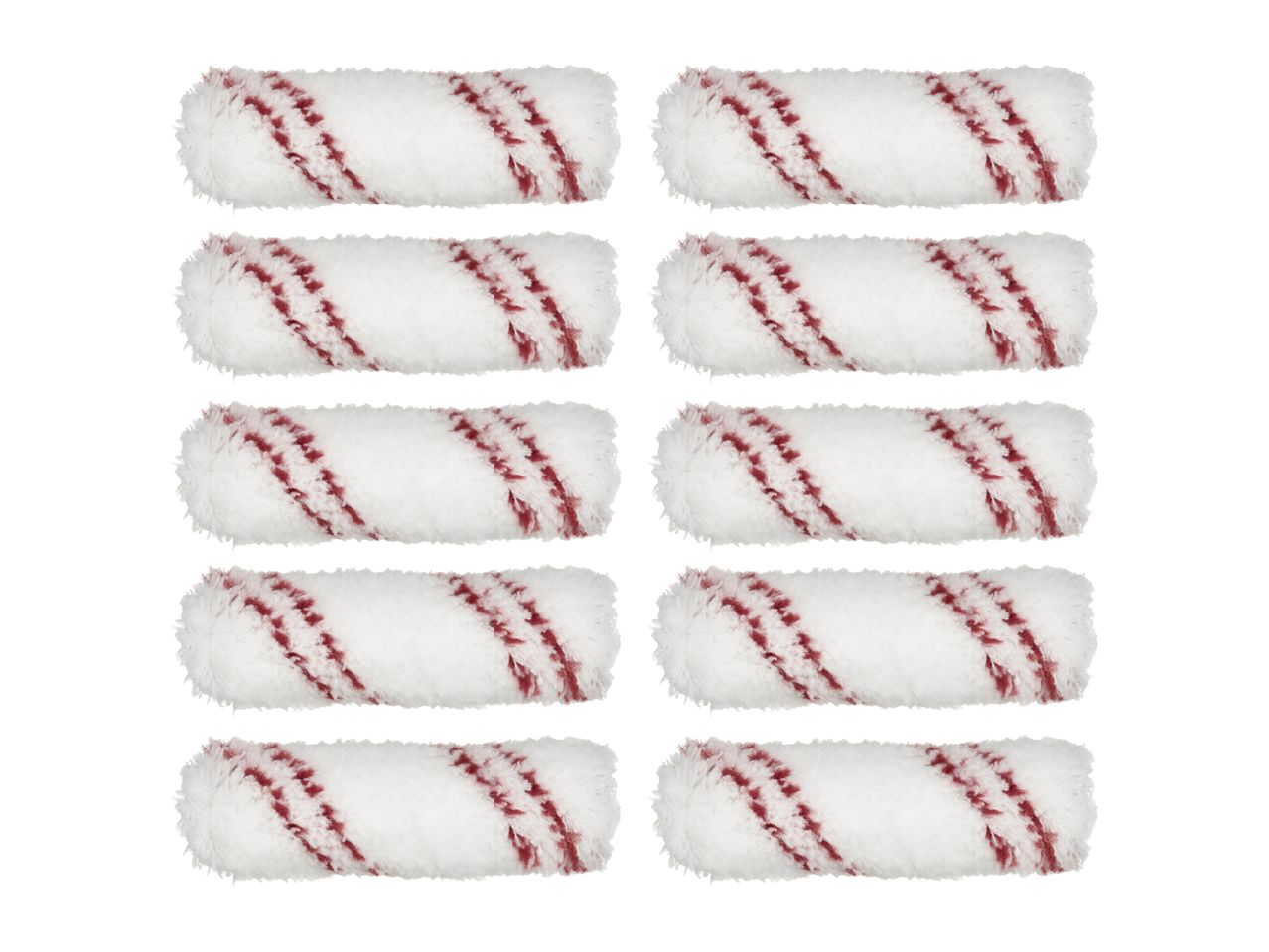 Ten white paint roller covers with red stripes, arranged in two columns on a white background.