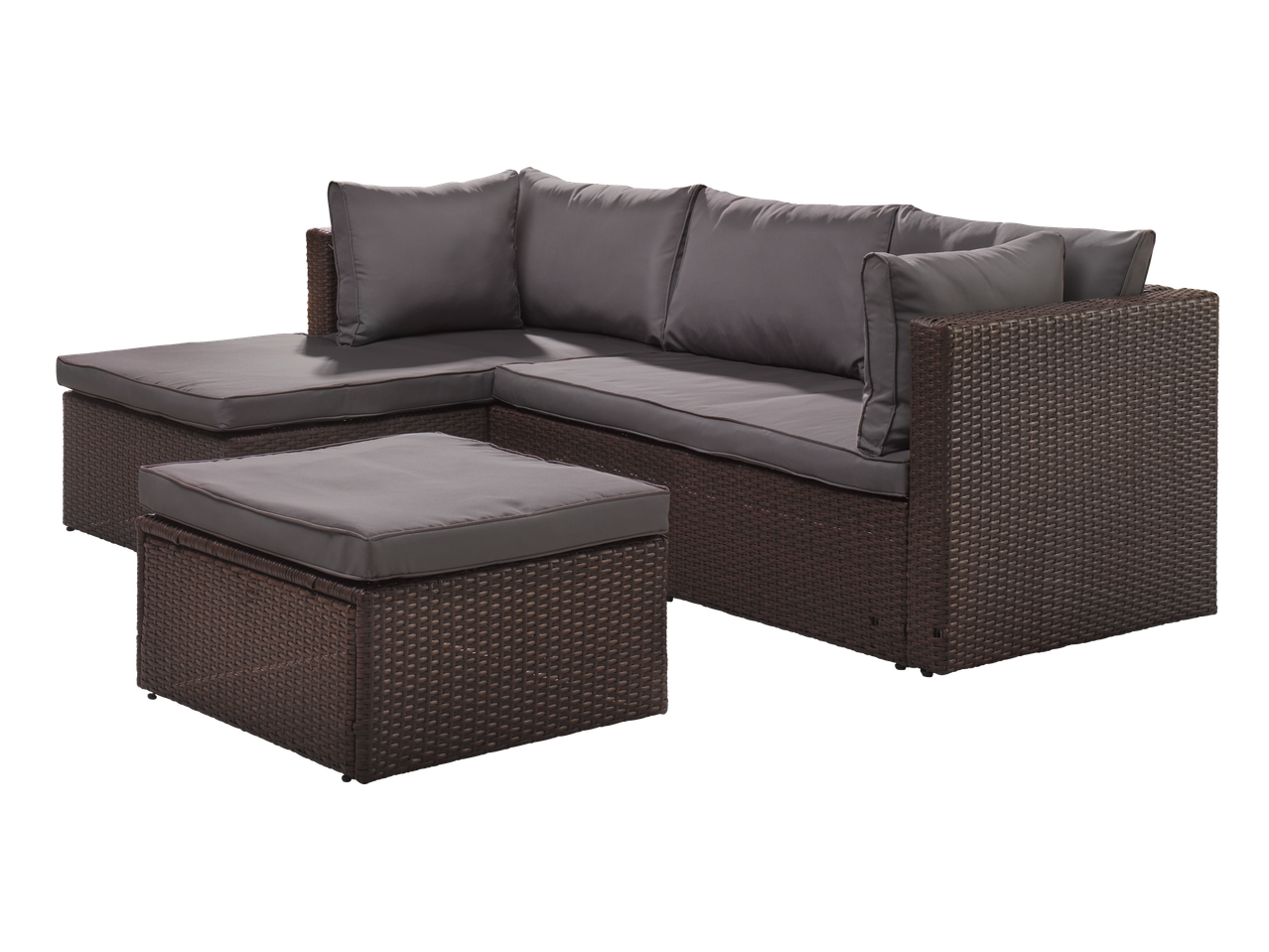 Brown rattan corner sofa with grey cushions and matching ottoman.