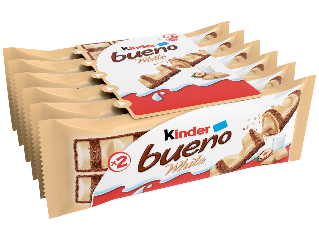 Paquets de barres de chocolat blanc Kinder Bueno empilés.