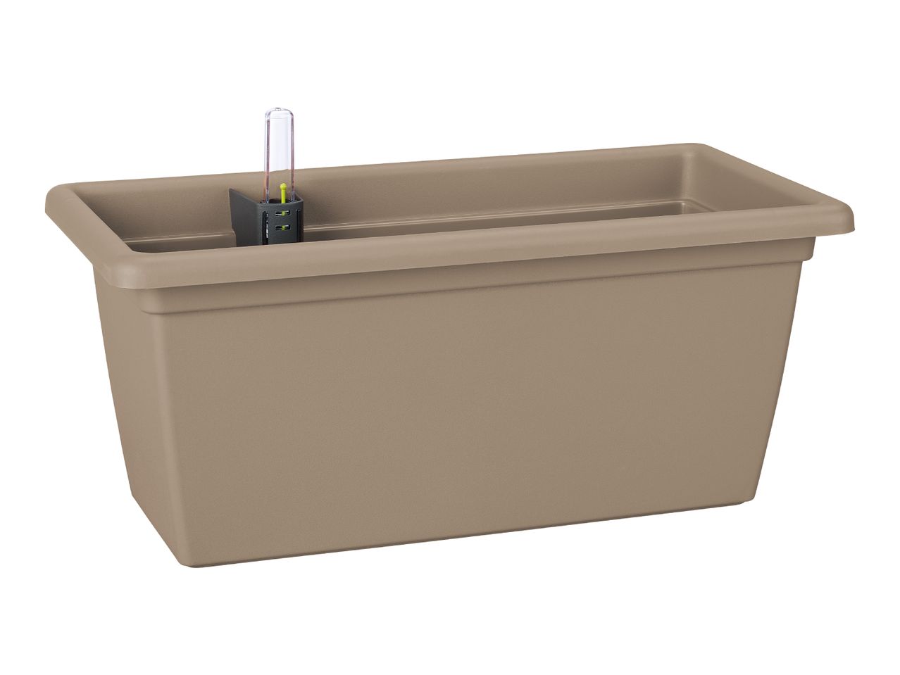 Self-watering planter in a rectangular shape with a water level indicator.