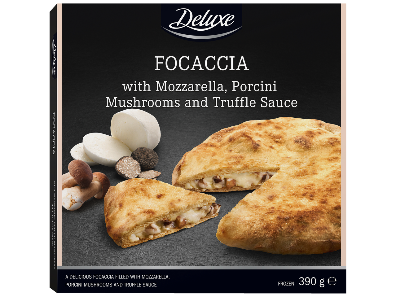 Deluxe Focaccia ar mocarellu, baravikām un trifeļu mērci, 390g.
