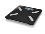 Black digital bathroom scale with silver accents and a display showing '0.0 kg'