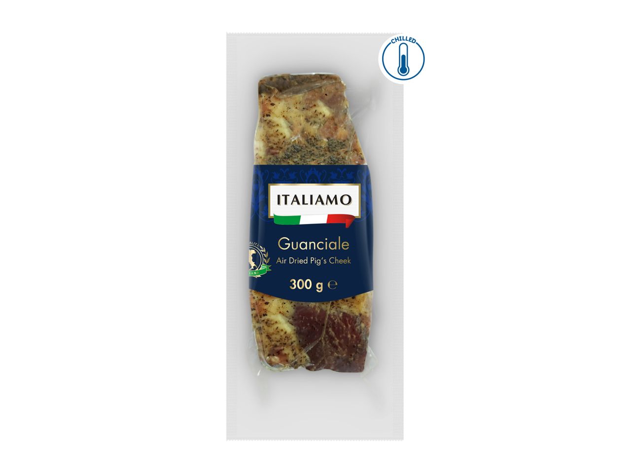 Vacuum-sealed package of air-dried pig's cheek (guanciale) with a blue label and a 'chilled' icon.
