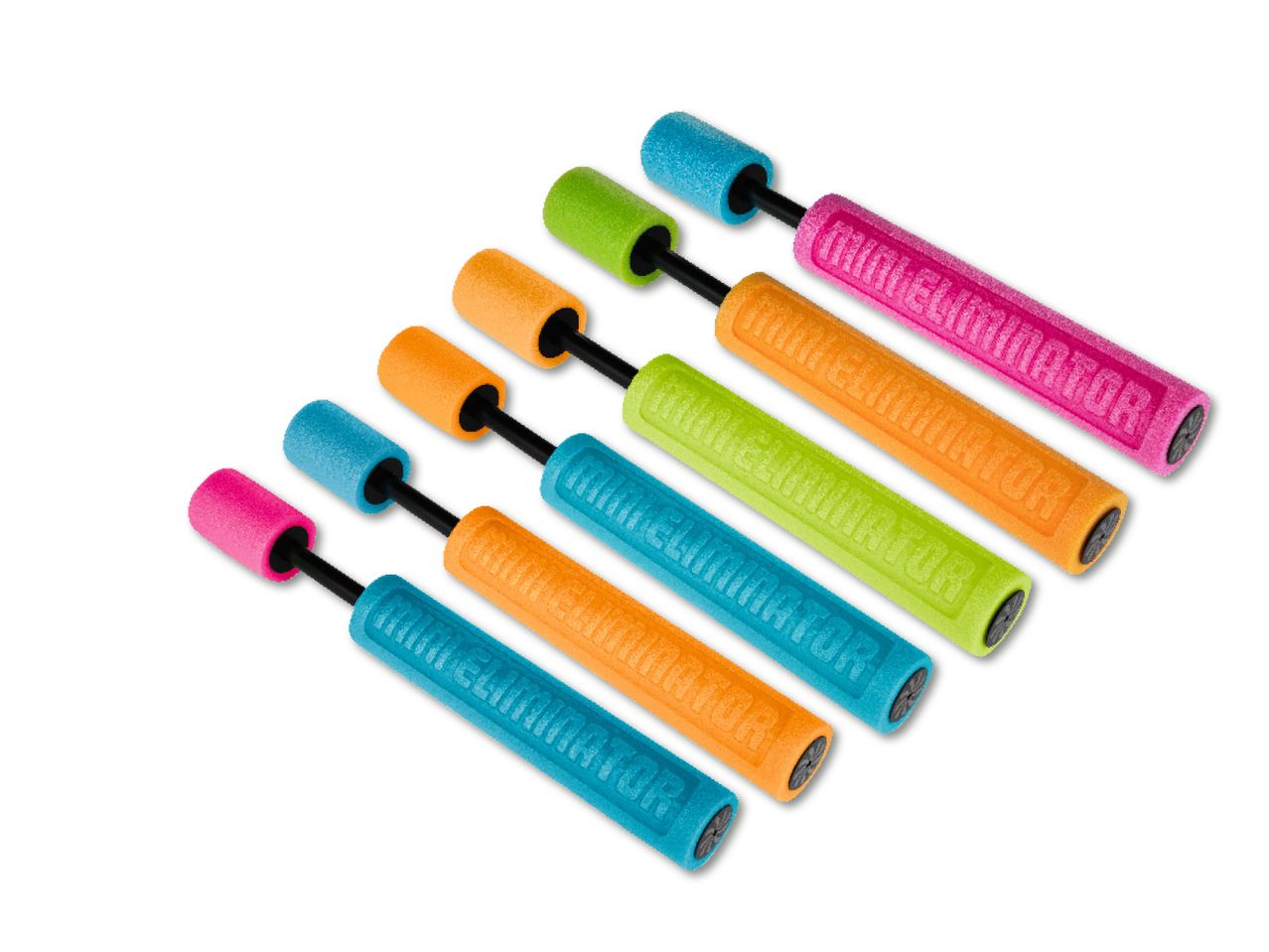 Seši dažādu krāsu rotaļu ūdens pistoles Mini Eliminator ir izvietoti rindā.