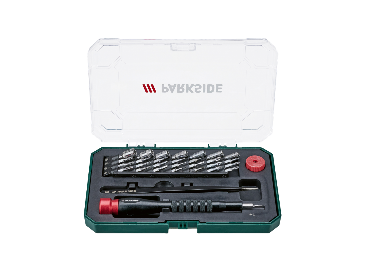 Conjunto de ferramentas PARKSIDE com chaves de fenda, pontas e pinça em estojo aberto.