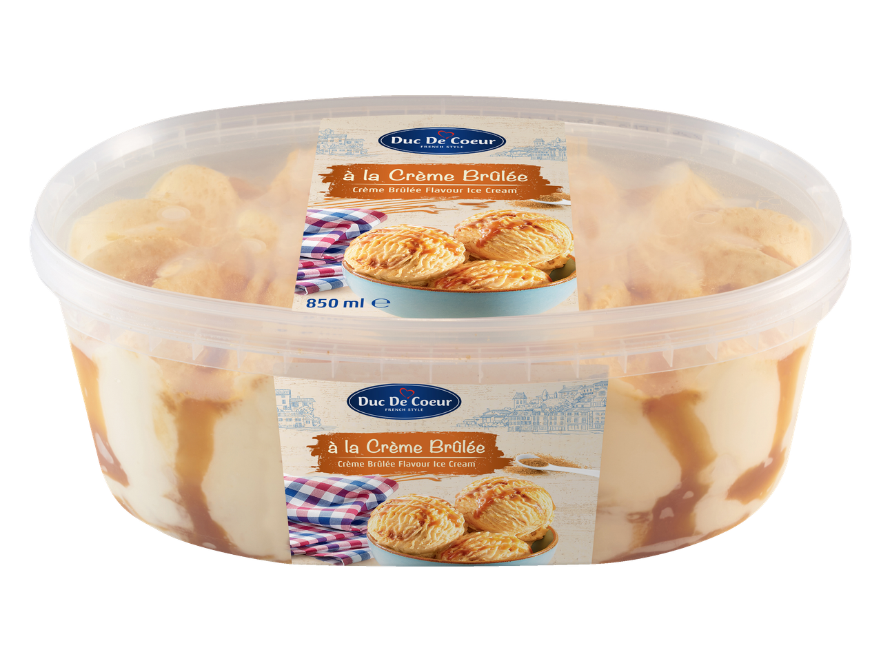 Two tubs of Crème Brûlée flavour ice cream, with scoops of ice cream on the label.