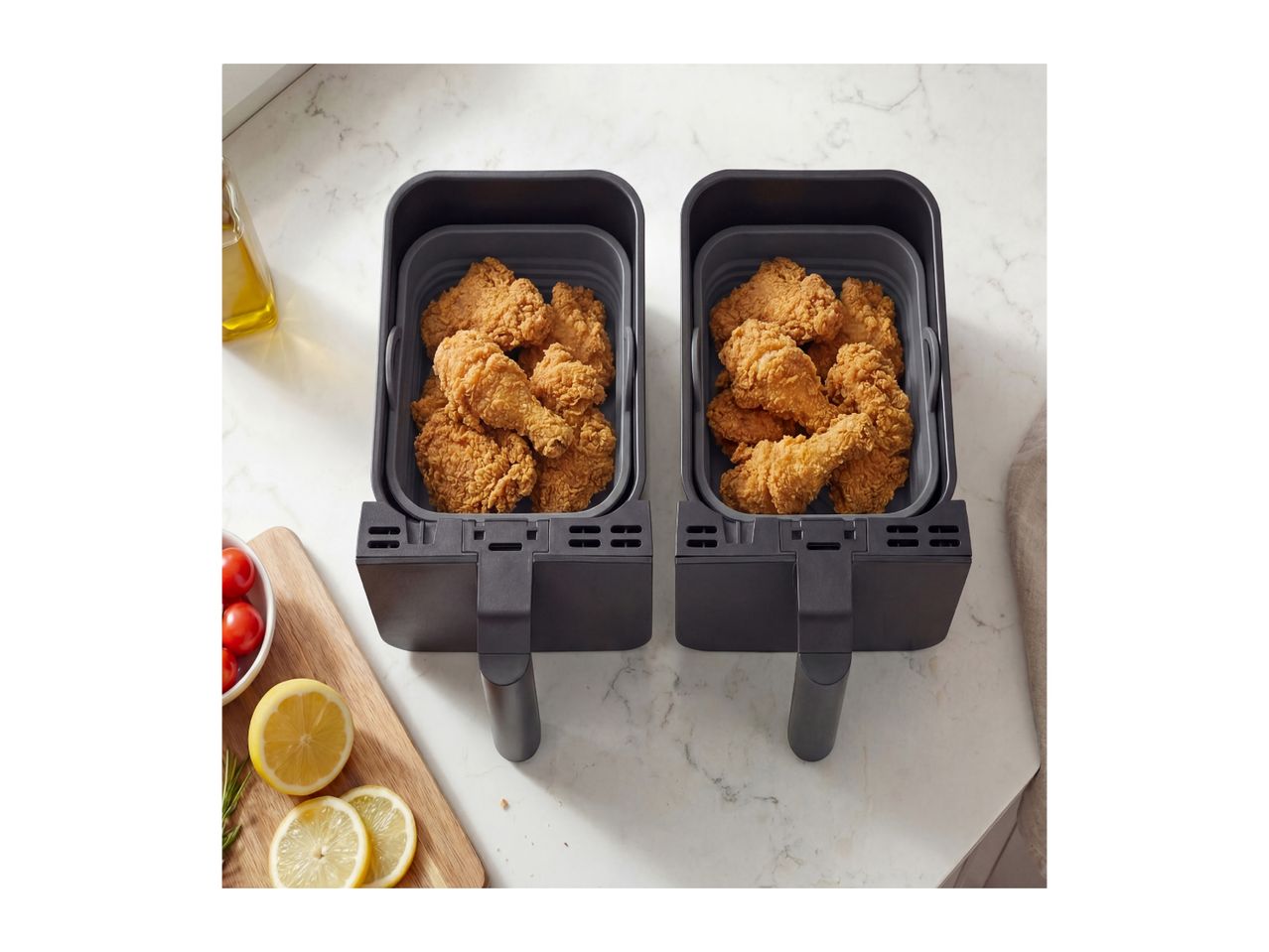 Two air fryer baskets filled with crispy fried chicken next to fresh lemon slices.