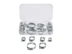 A set of assorted stainless steel hose clamps in a plastic storage case.