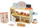 Brinquedo de madeira de padaria e café com caixa registadora, forno e vários produtos de pastelaria.