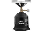 CRIVIT Gas Camping Stove with a black gas canister and silver burner, showing product details.
