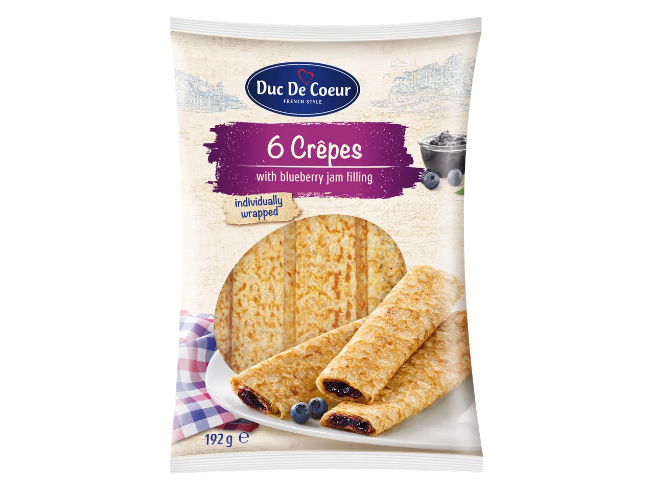 6 Duc De Coeur crêpes met blauwe bessen jam.