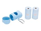 A light blue dog waste bag dispenser with two rolls of bags.