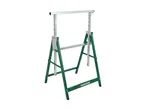 Green and silver adjustable sawhorse with a horizontal support bar