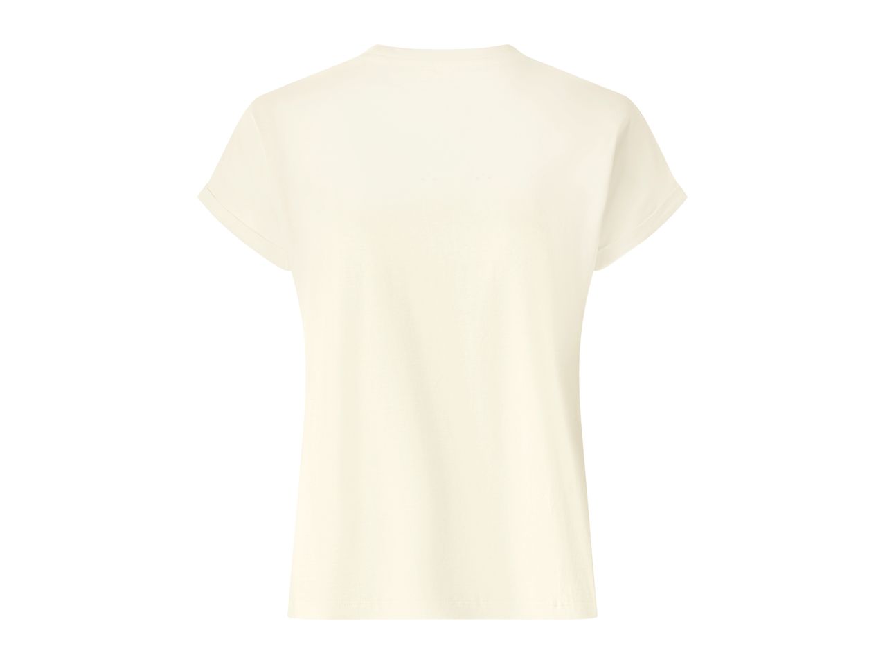 Back view of a plain cream-colored short-sleeved t-shirt.