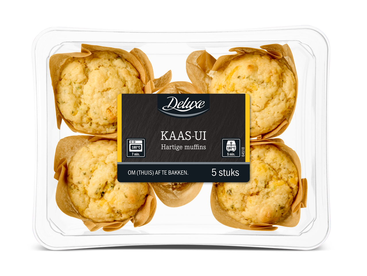 Verpakking met 5 hartige kaas-ui muffins, klaar om thuis af te bakken.