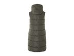 Back view of a long, dark green hooded puffer vest.
