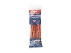 A package of long, thin, reddish-orange snacks.