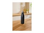 Matte black stainless steel water bottle with a silver cap on a wooden table.