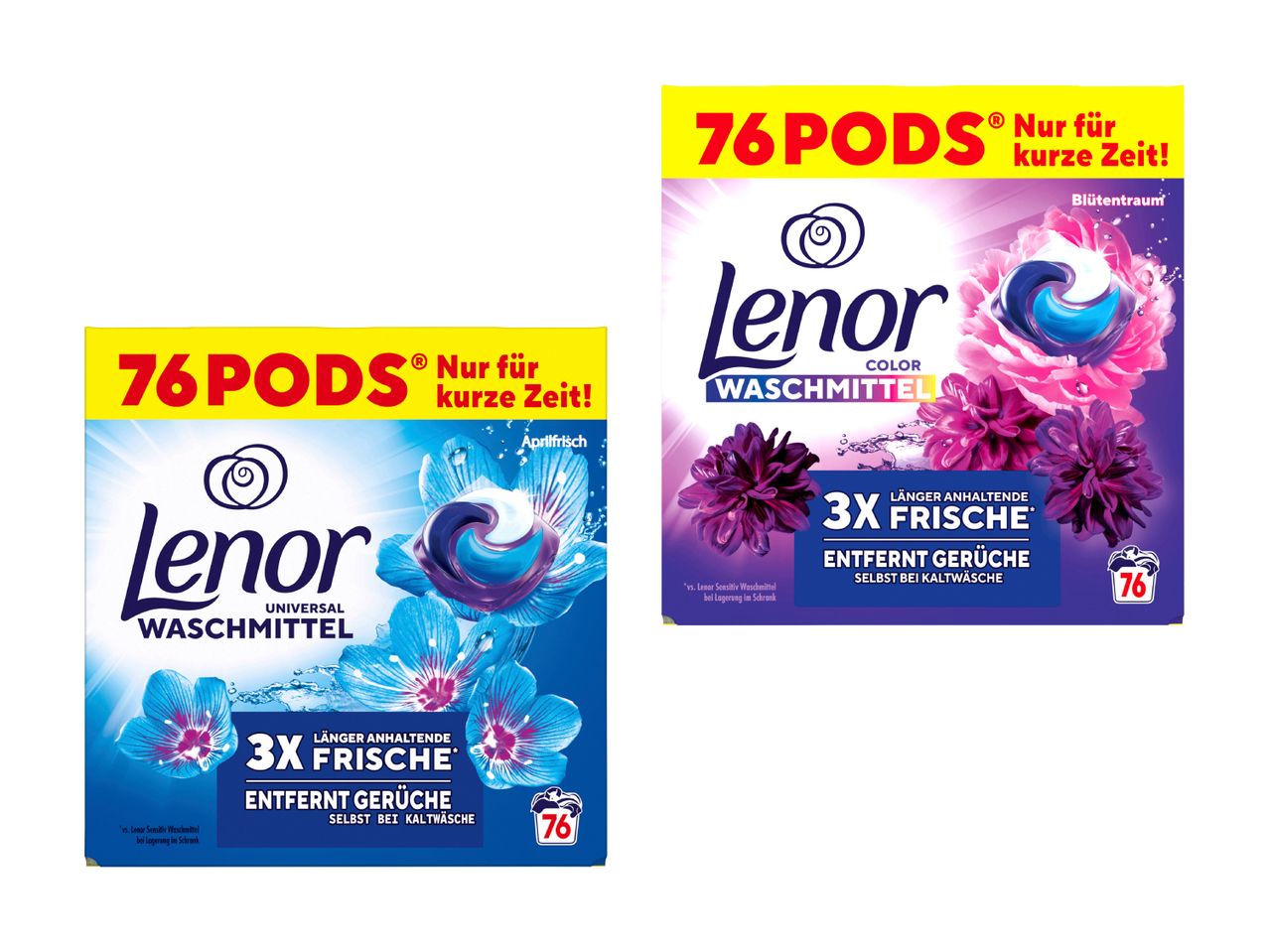 Zwei Lenor Unstoppable Waschmittel-Boxen mit je 76 Pods.